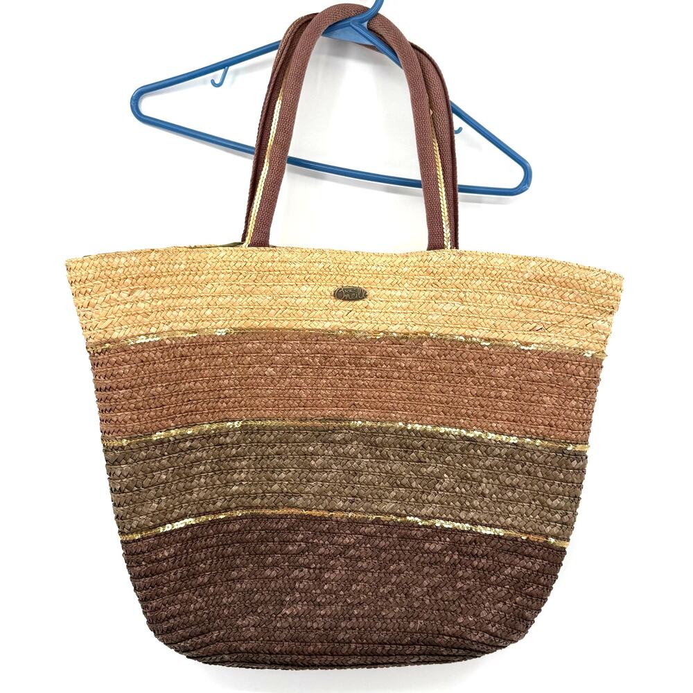 O'Neill Bag Purse Handbag Woven Striped Brown Tan Gold Inner Pocket Tote Bucket